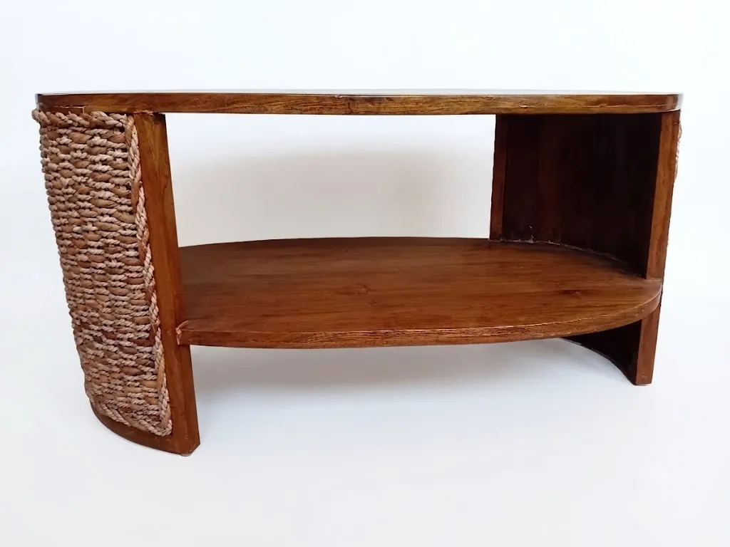 tavolino da Salotto Ovale in Legno Teak e Treccia di Banano – 100x55x50 H cm