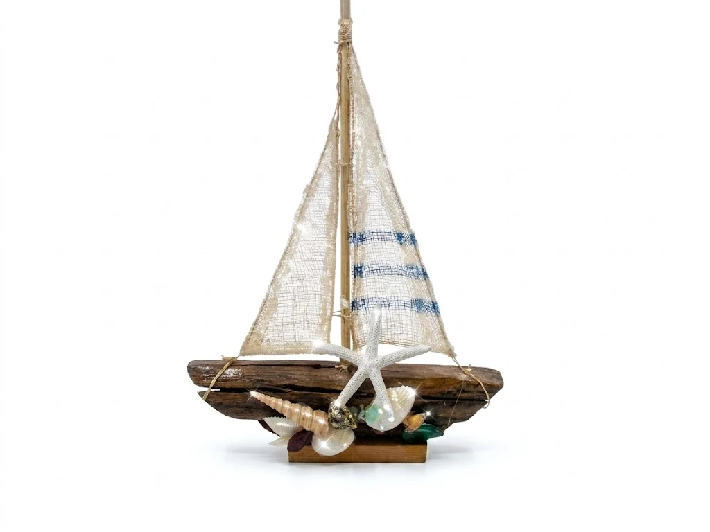eliero Artigianale in Legno Riciclato con Conchiglie e Stelle Marine - 39 cm