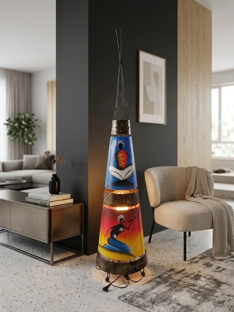 Lampada a Stelo Etnica in Rame e Metallo Dipinta a Mano – Altezza 152 cm