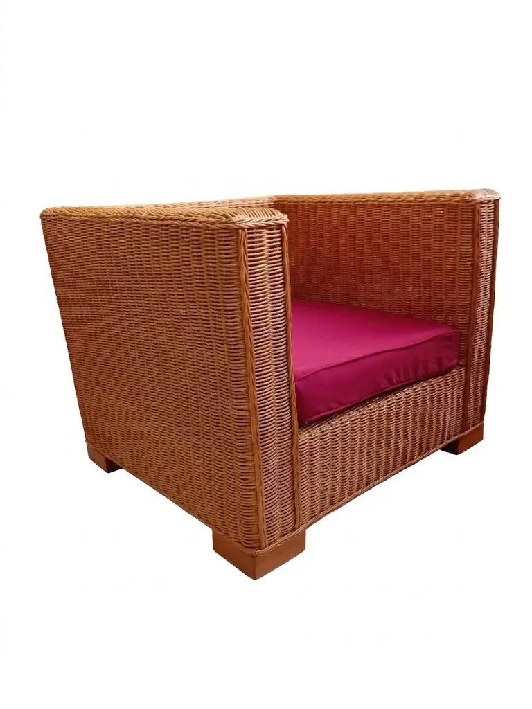 Poltrona in Rattan e Midollino Naturale con Piedi in Teak e Cuscino Sfoderabile