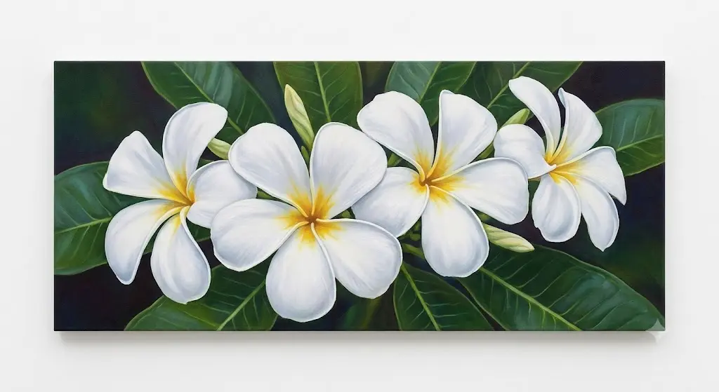 Quadro Batik Panoramico "Frangipani Bianchi di Bali" 100x40 cm – Dipinto a Mano