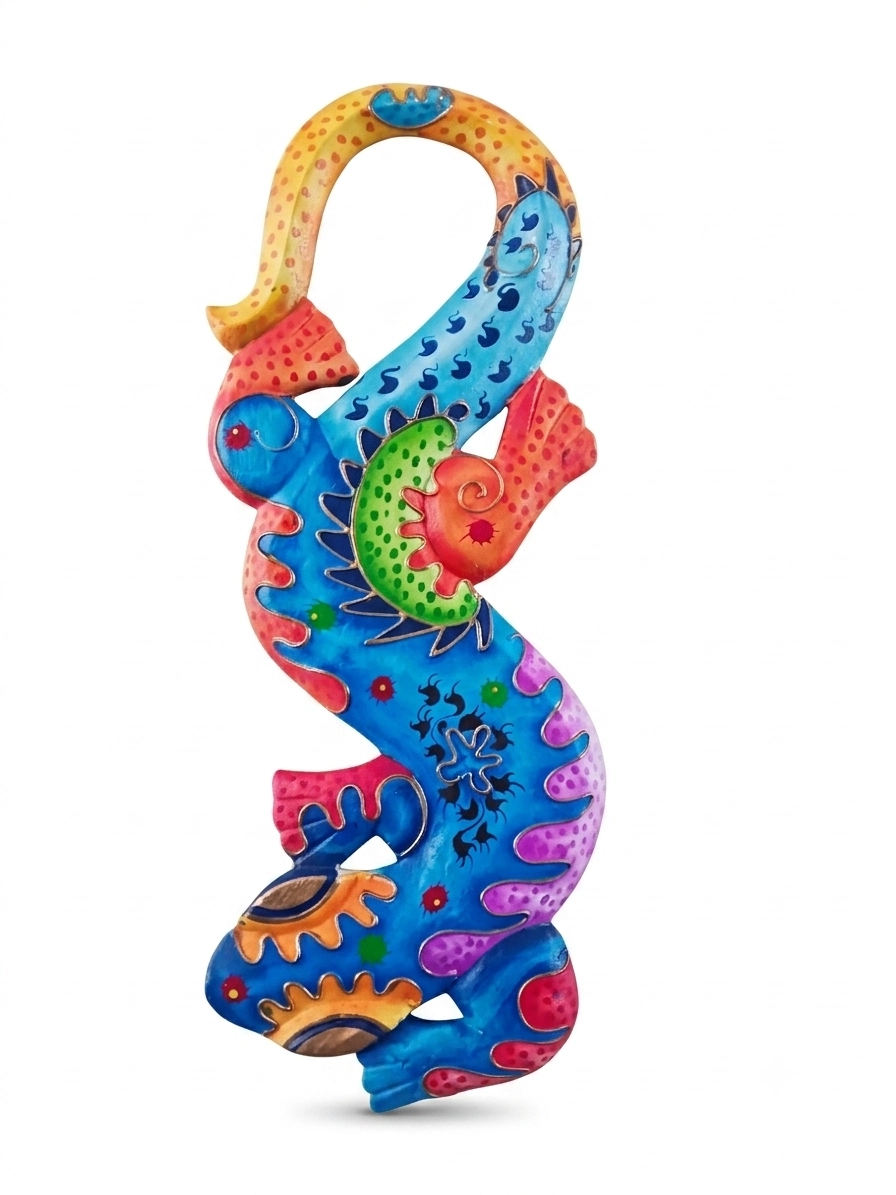 Geco Decorativo da Parete in Legno Blu – Scultura Portafortuna Dipinta a Mano