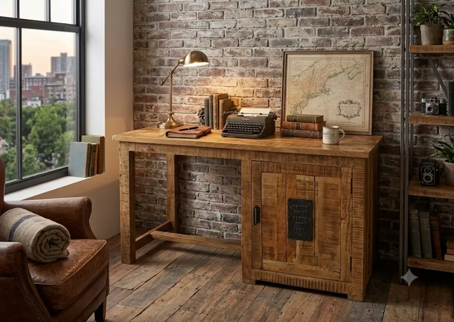 Scrivania in Legno Massello Stile Industrial con Anta - 140x65x78 cm