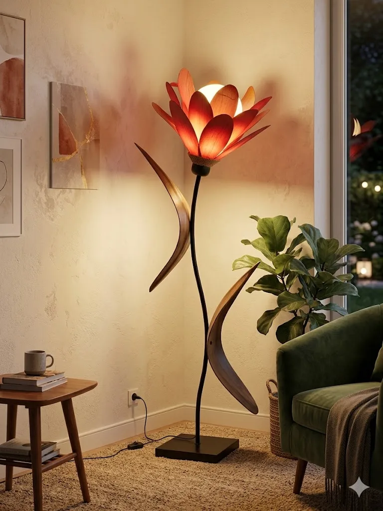 ampada da Terra a Stelo Fiore di Loto Rosso in Rattan, Bambù e Metallo