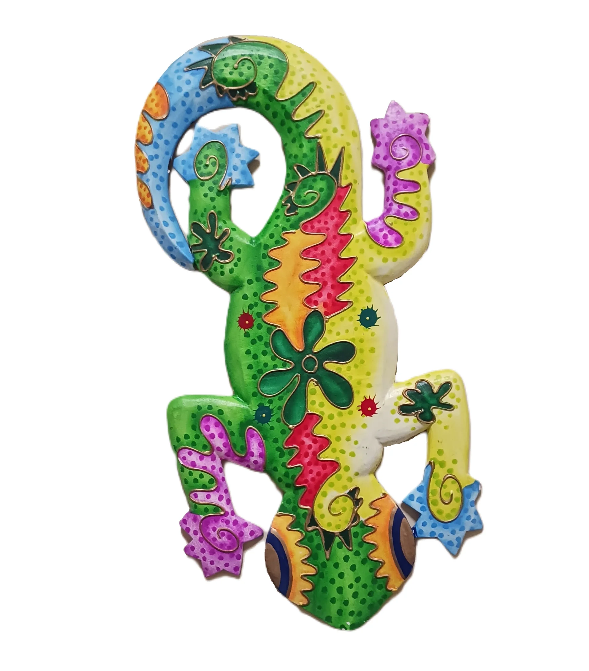 Geco Decorativo "Panciuto" in Legno Verde e Giallo – Scultura da Parete stile Exotic