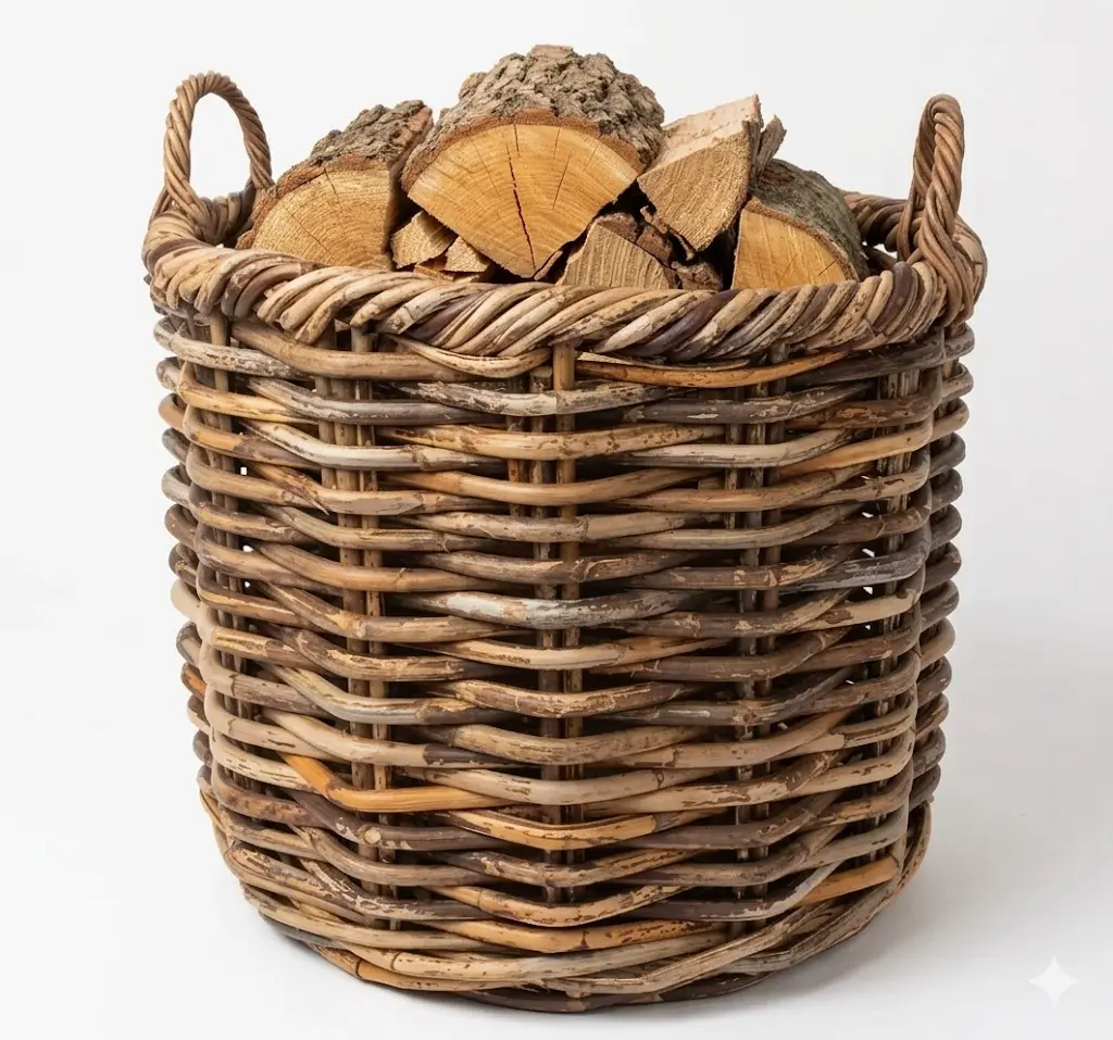 porta legna vimini in  rattan rotondo cm 43x40 H con manici cm 48