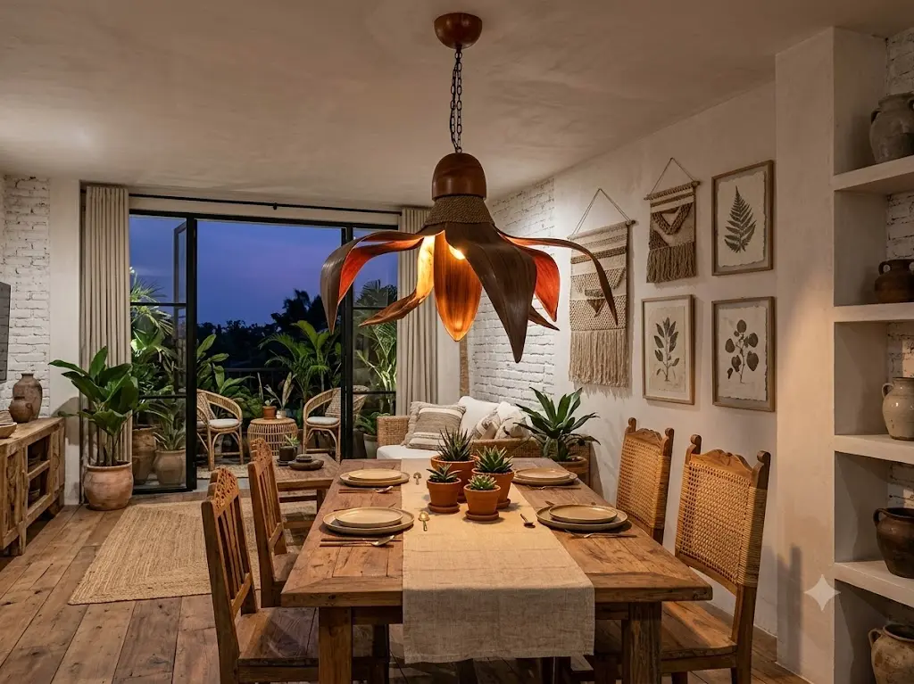 Lampadario Sospensione Fiore in Bambù e Legno