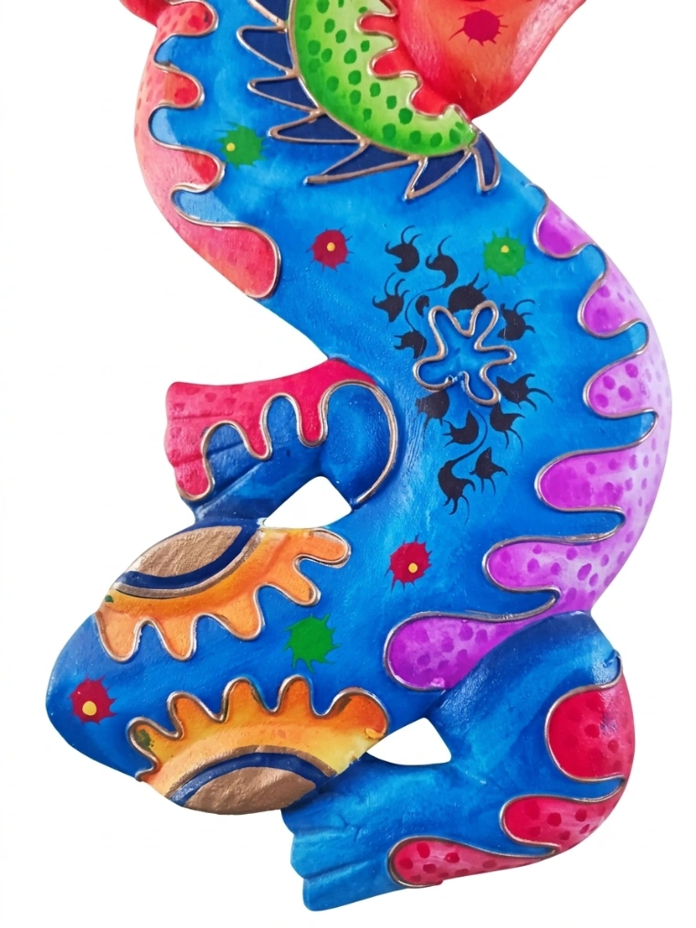 Geco Decorativo da Parete in Legno Blu – Scultura Portafortuna Dipinta a Mano