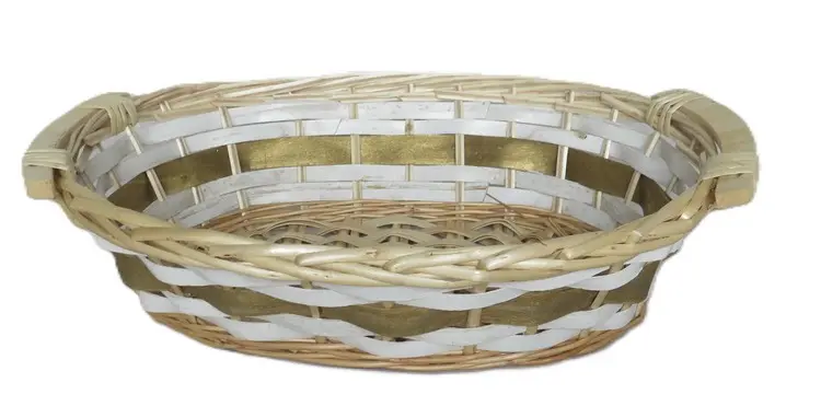Cesto Vassoio Ovale in Vimini e Legno Bianco/Oro cm 42x28x14 H