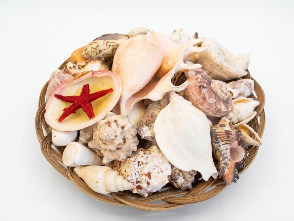 Cestino Decorativo con Conchiglie Naturali e Stella Marina – ø 25 cm