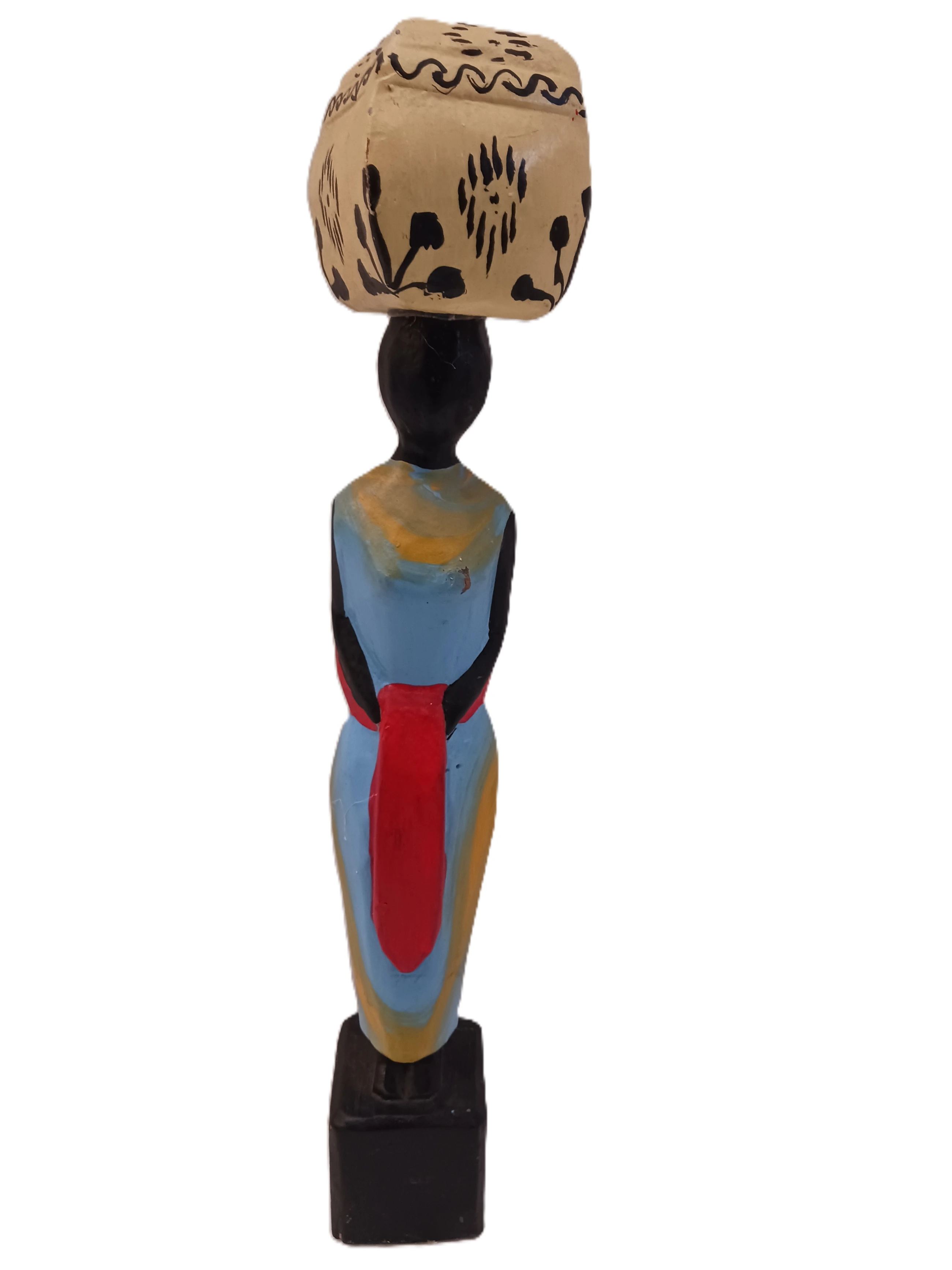 Scultura Tribale "Donna Africana con Cesta e Bimbo" – Statua Etnica in Legno Dipinta a Mano