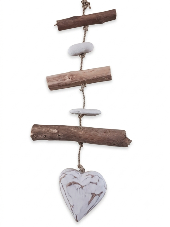 Decorazione da Appendere con Cuore in Legno e Legnetti di Mare – Regalo Romantico Portafortuna Shabby Chic