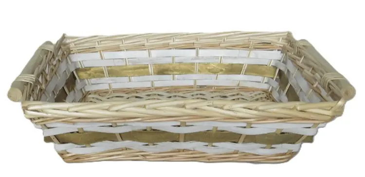 Cesto Rettangolare in Vimini e Legno Grigio/Bianco cm 50x34x12 H