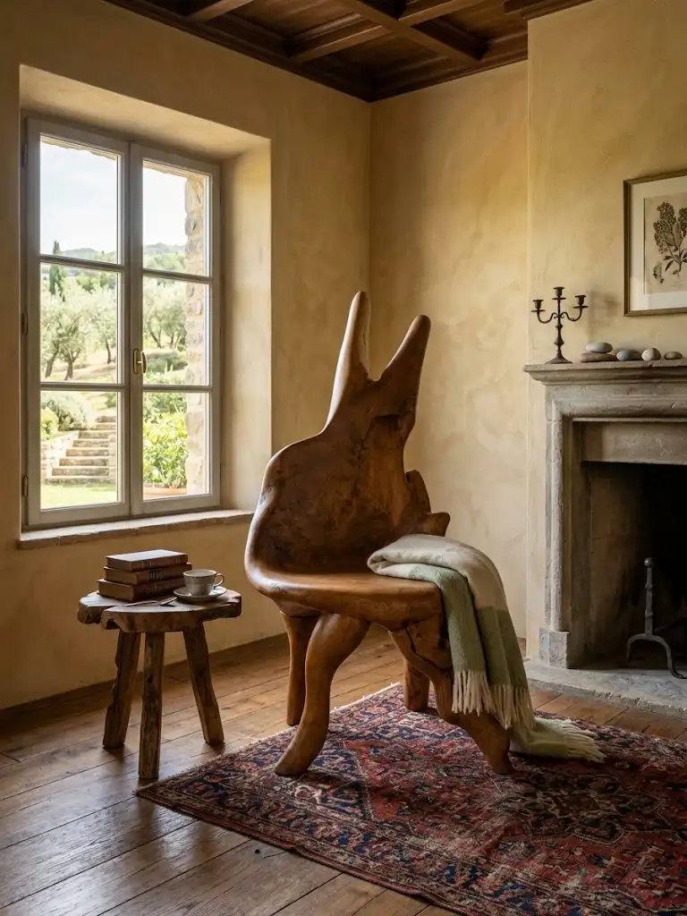 Poltrona Scultura in Legno Massello Scavato a Mano – Pezzo Unico d'Arte (75x75x128 cm)