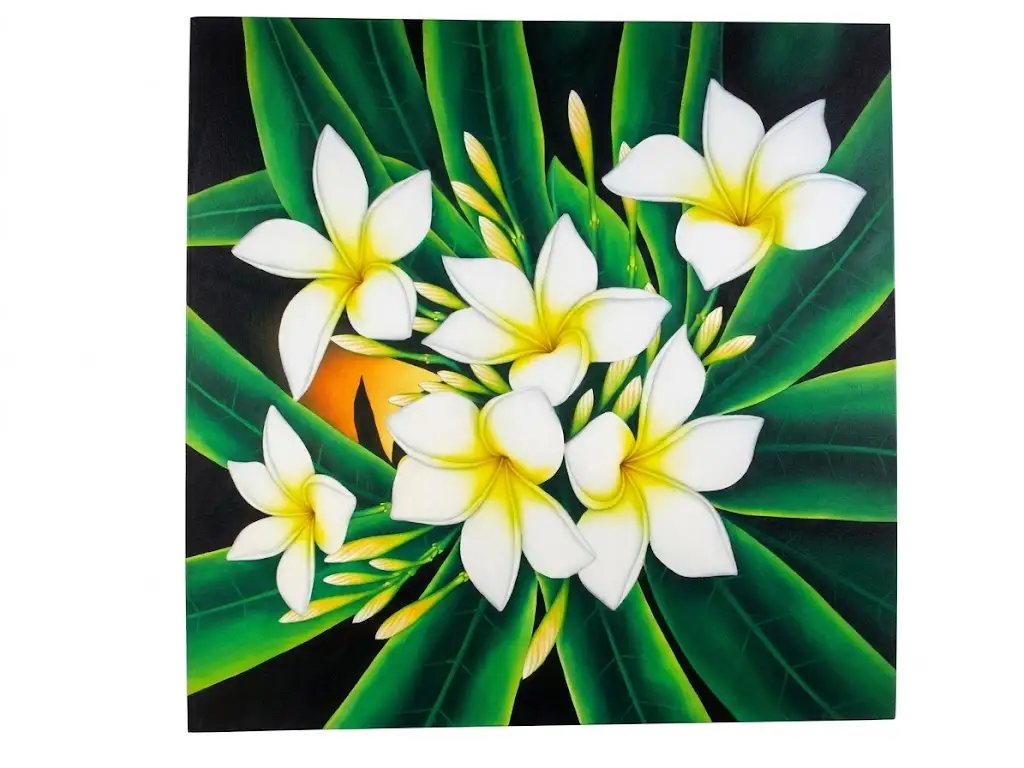 Quadro Batik di Bali con Fiori di Frangipani Bianco e Giallo – 100x100 cm - 4