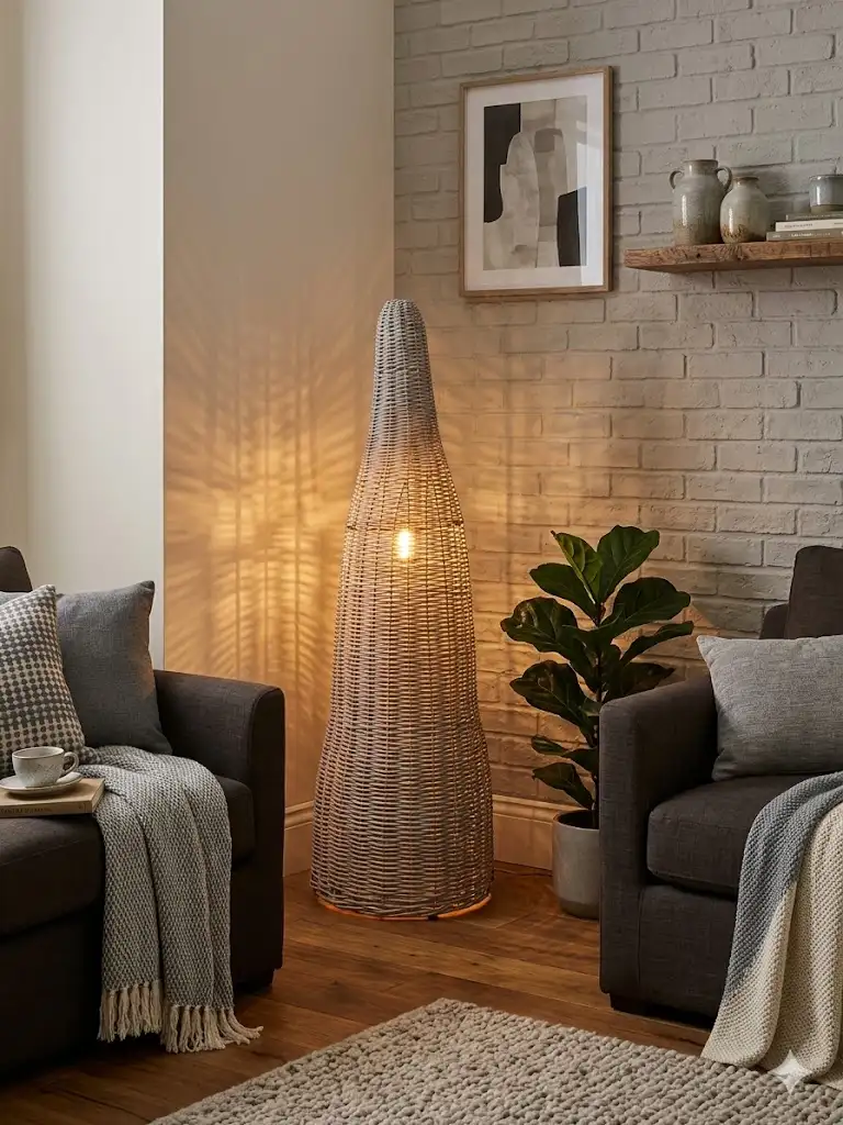Lampada a Stelo in Rattan Bianco da 180 cm H