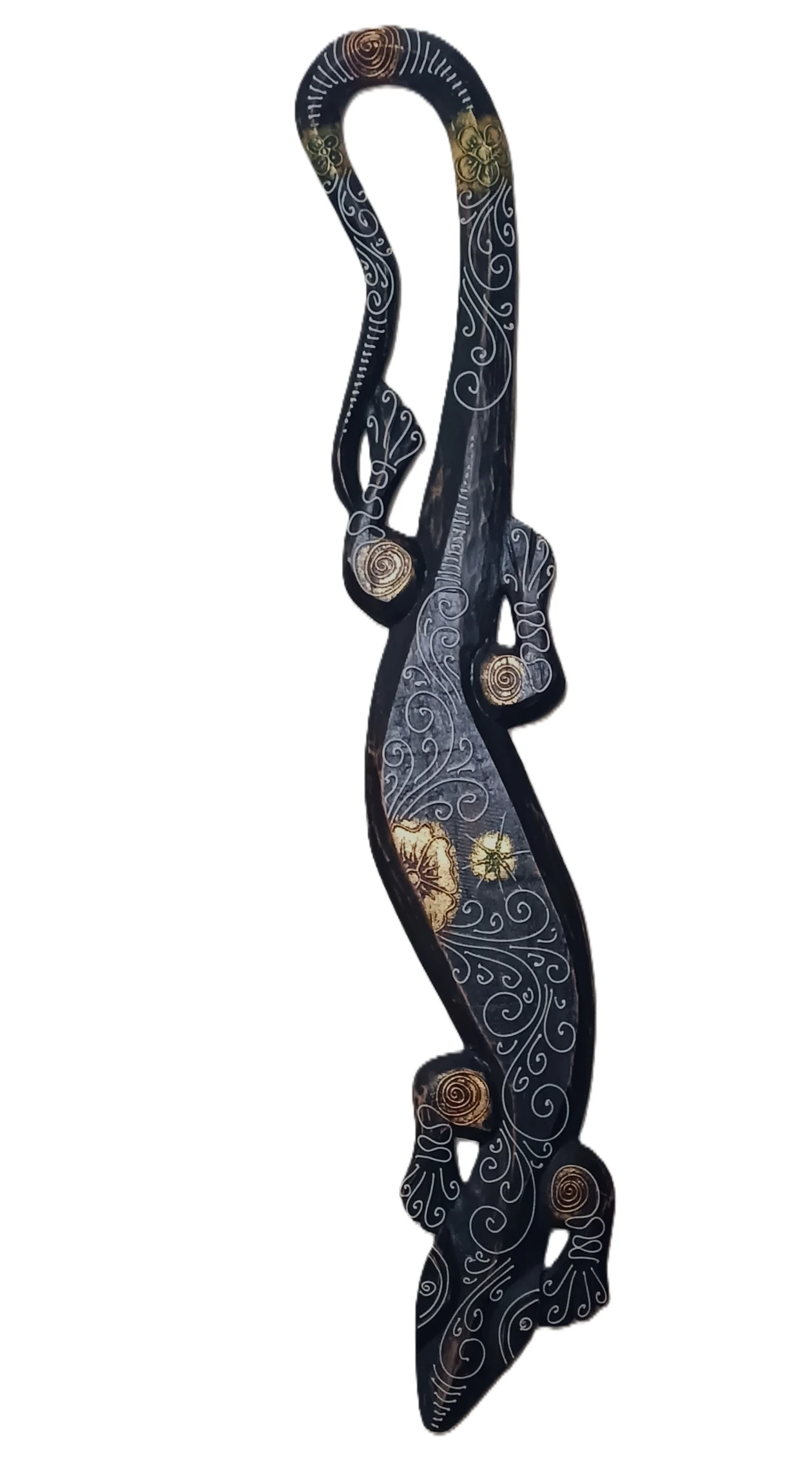 Geco Gigante da Parete in Legno Nero e Oro (98 cm) – Scultura Portafortuna Artigianale