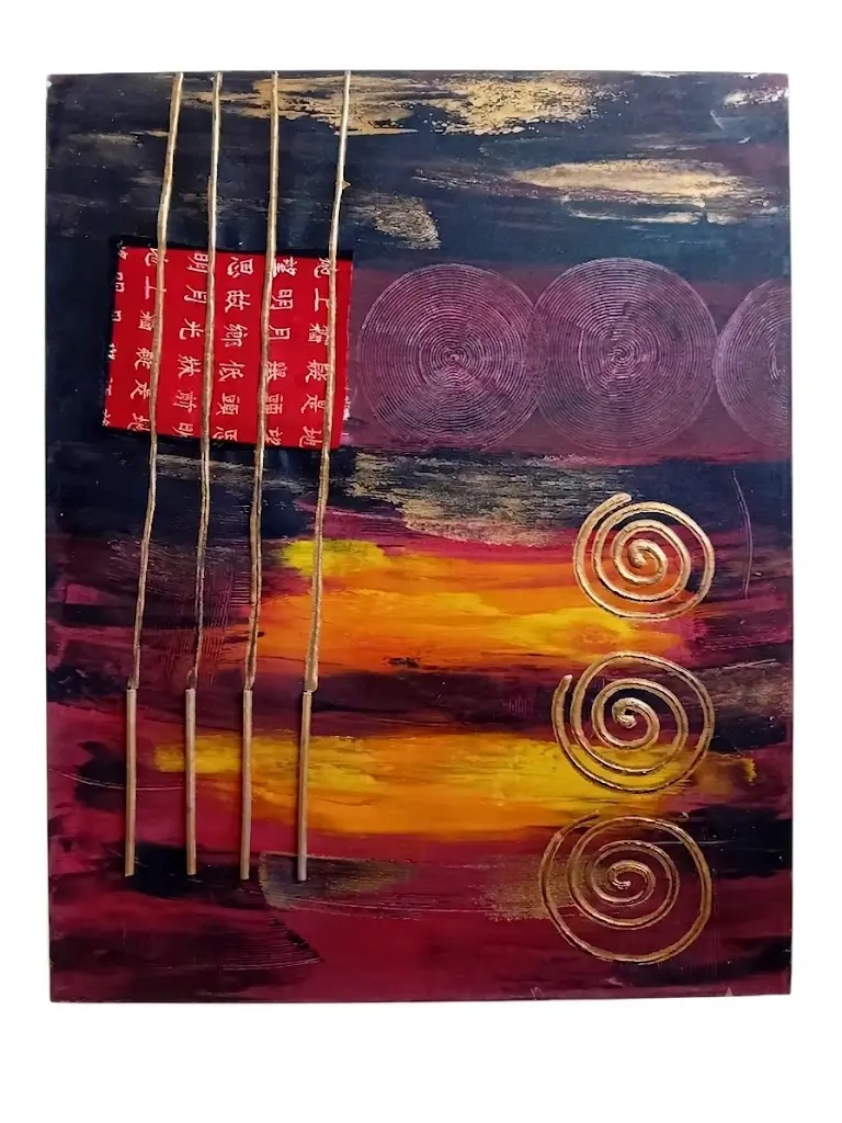 Quadro Astratto Batik "Tramonto Orientale" – Dipinto a Mano in Rilievo a Bali 120x102 cm