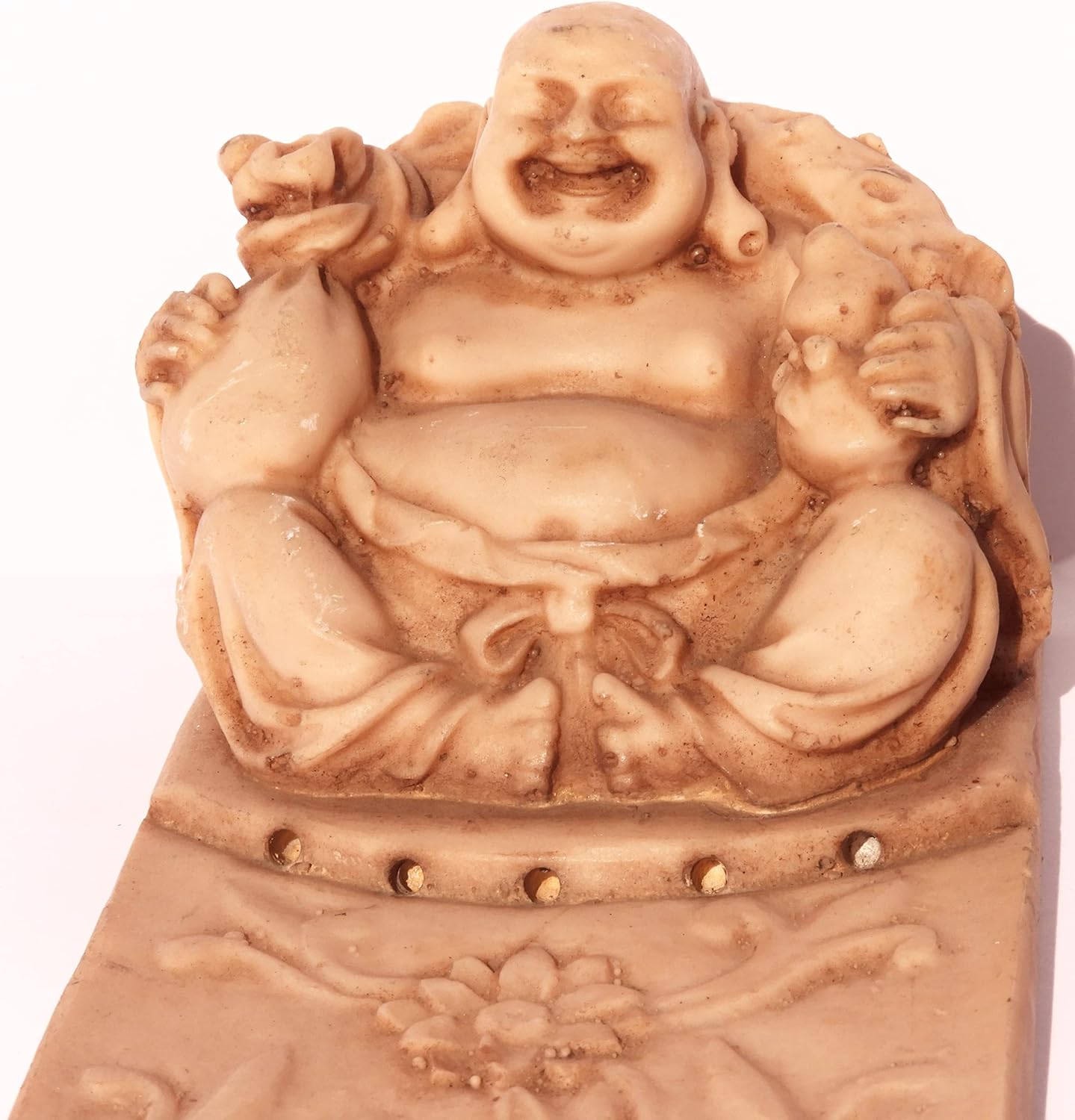 Bruciaincenso in Pietra Dura Intagliata con Buddha Ridente – 29x9 cm