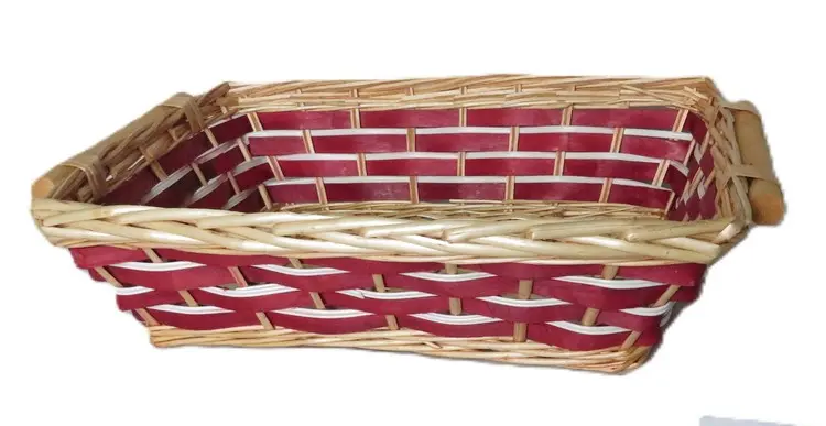 Cesto in Vimini Rettangolare con Intreccio Bordeaux e Manici cm 47x34x12 H