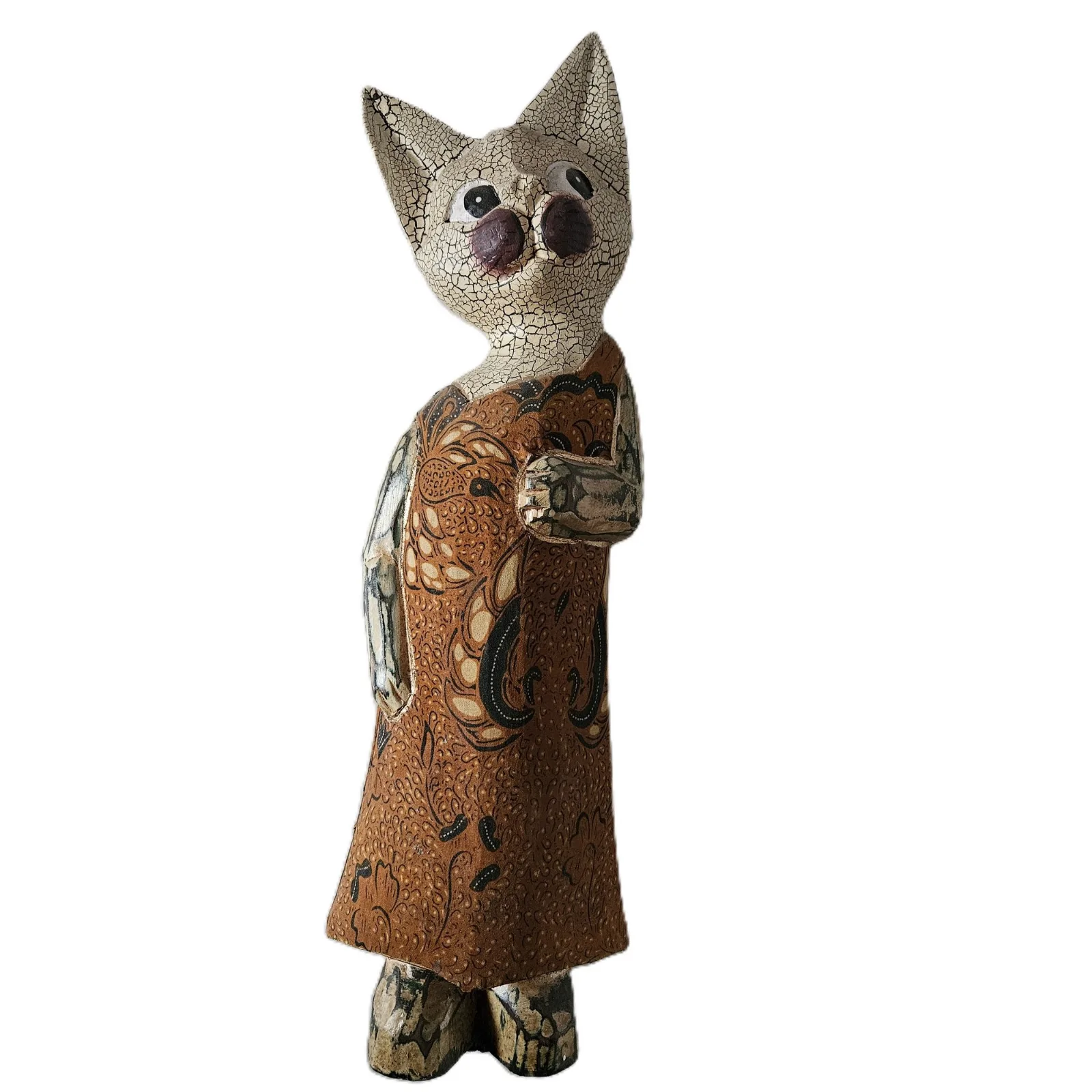 Scultura Gatta "Signora in Abito Tradizionale" – Statuina Antropomorfa in Legno
