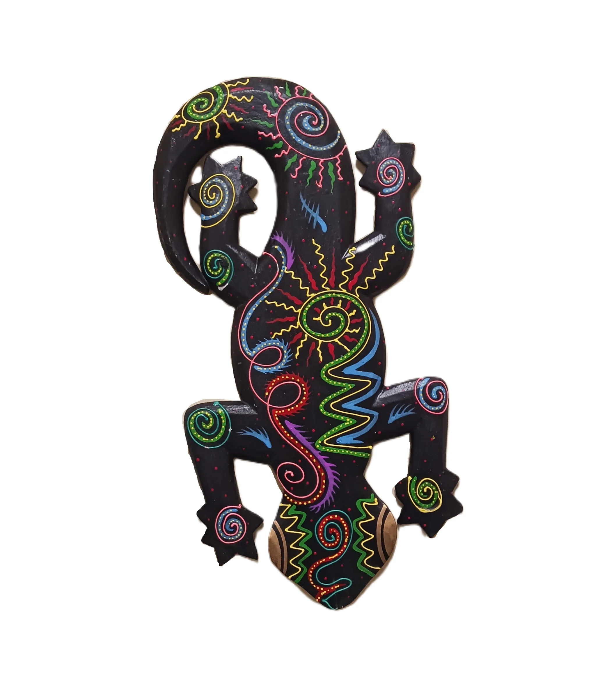 Geco Decorativo "Panciuto" in Legno Nero Multicolore – Scultura Etnica da Parete
