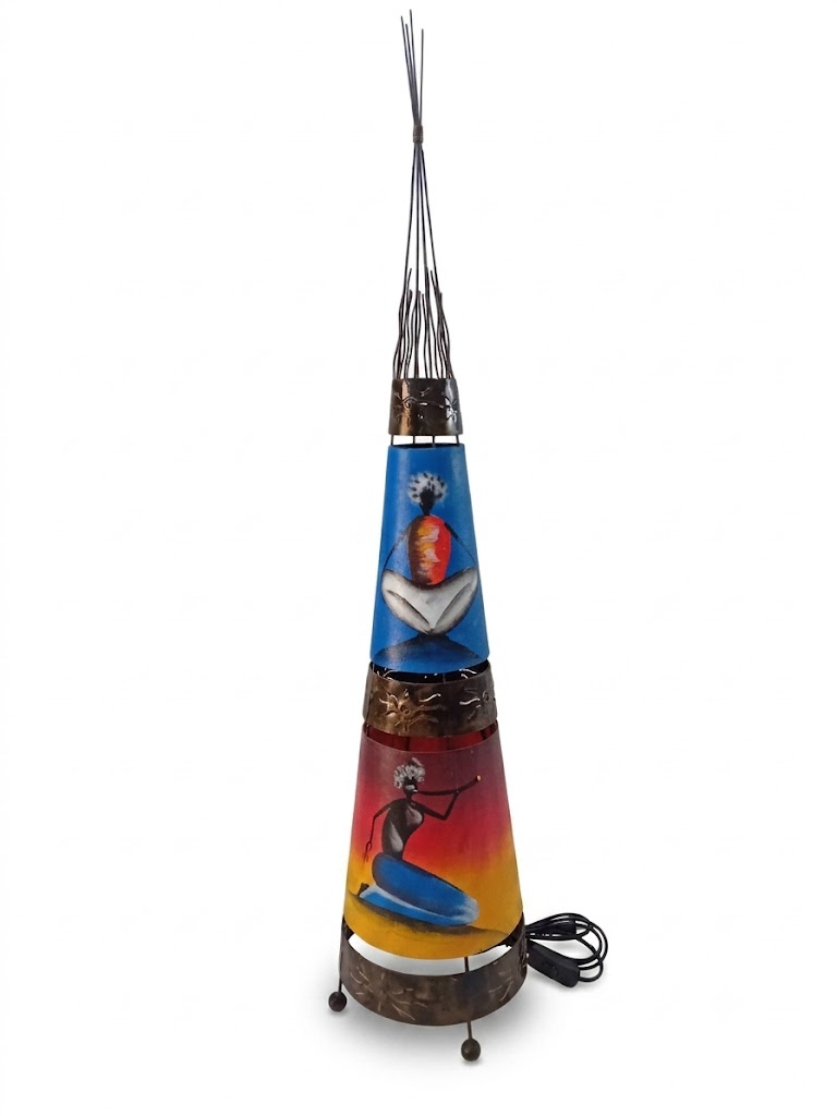 Lampada Etnica a Due Livelli in Metallo H135 cm - Dipinta a Mano con Figure Tribali Africane