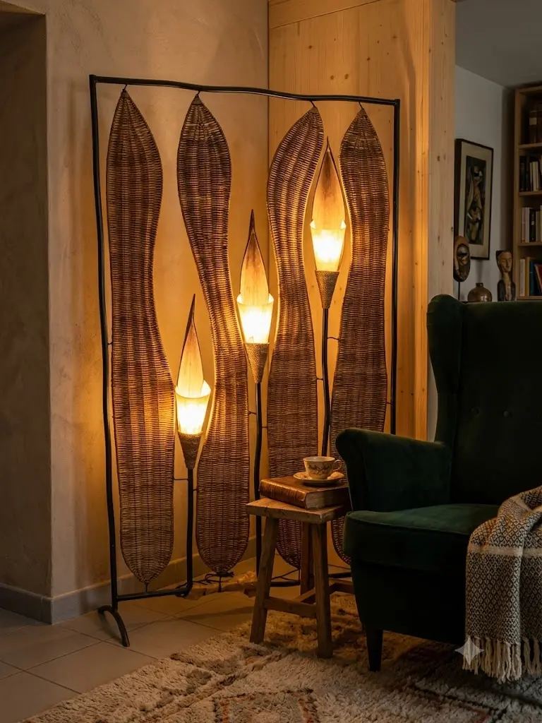 Lampada Paravento in Rattan e Metallo 100x200 cm