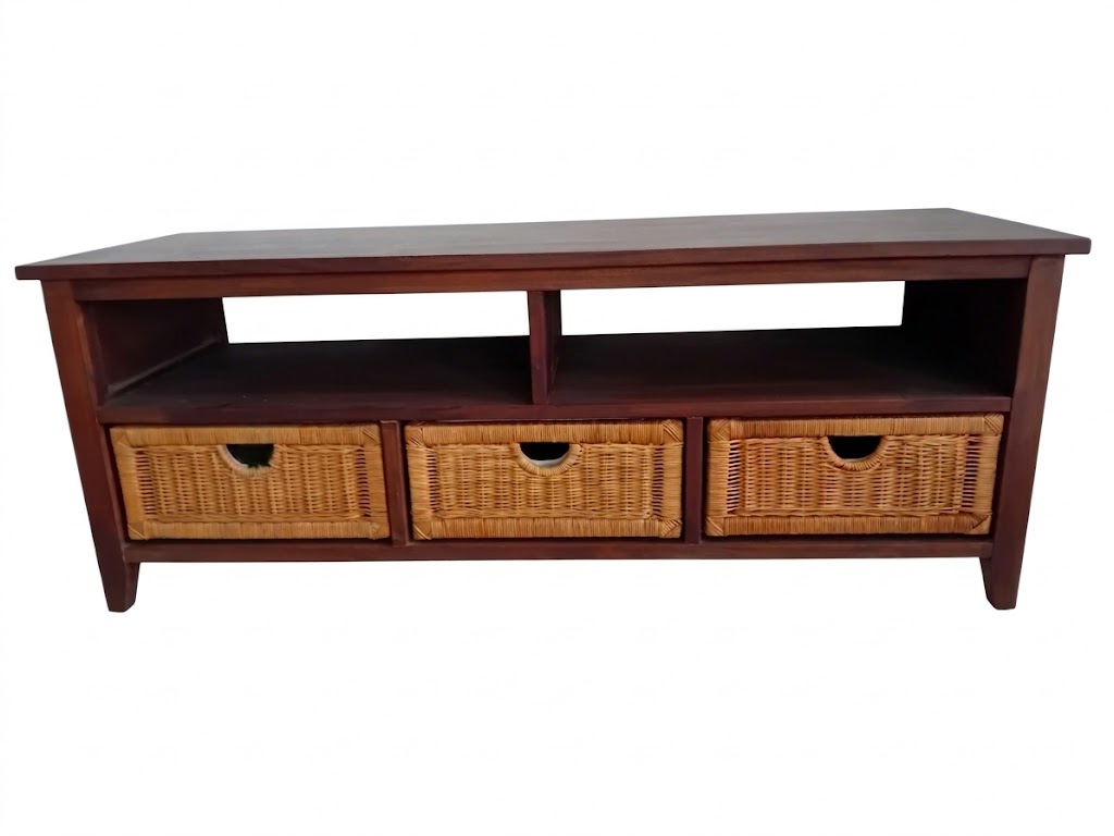 cassettiera in rattan naturale e mogano porta tv