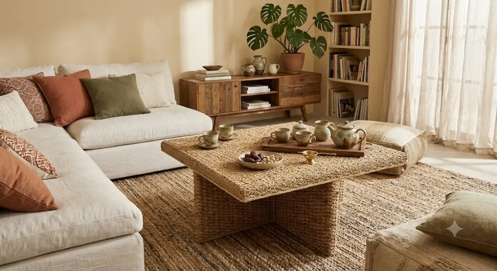 Tavolo da Tè Quadrato 110x110 cm in Intreccio di Banano Naturale – Alt. 45 cm