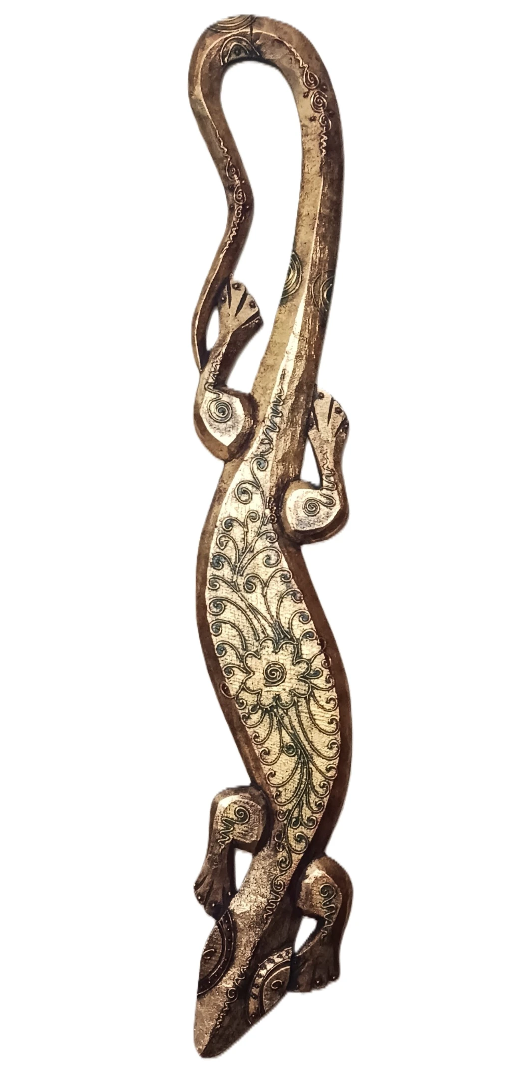 Geco Decorativo Lungo Dorato – Scultura da Parete Portafortuna in Legno Cm 98 H