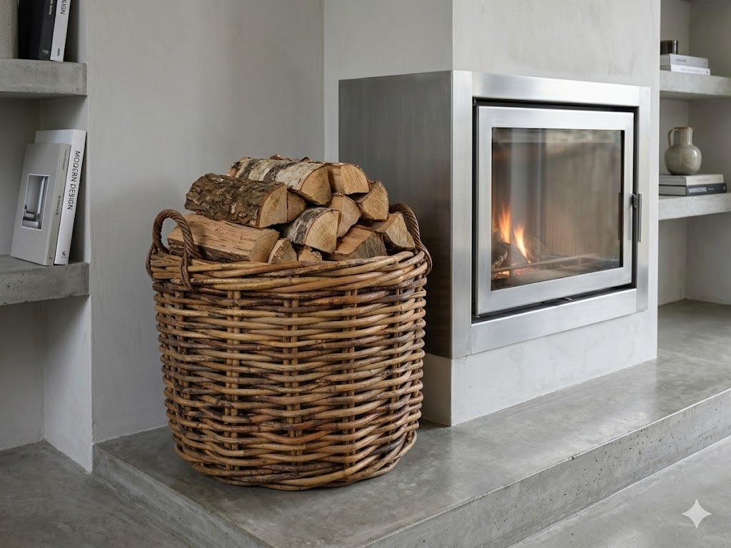 porta legna in vimini  rattan  rotondo cm 80x74 H con manici cm 85 H