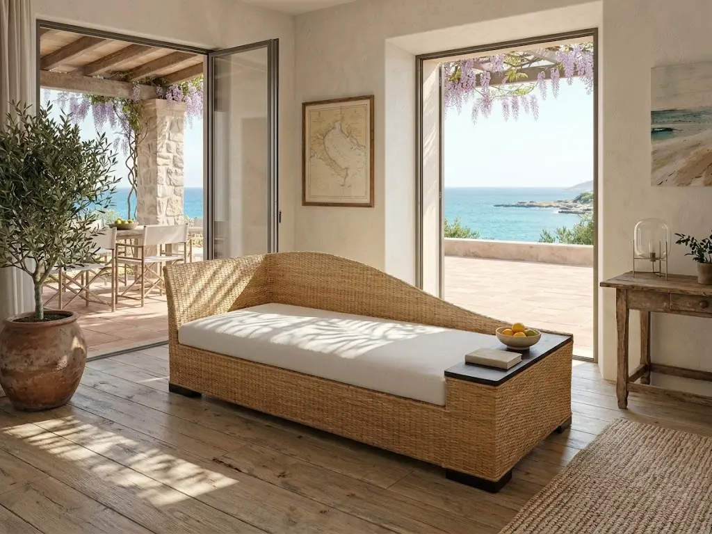 Divano cm 220x88x74h Dormeuse Artigianale in Rattan e Legno Teak con Cuscino Sfoderabile