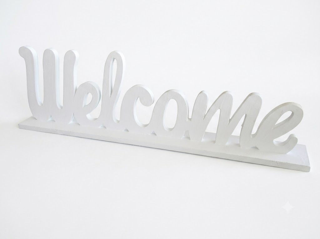 Scritta Decorativa "Welcome" in Legno Bianco – Targhetta d'Arredo da Appoggio