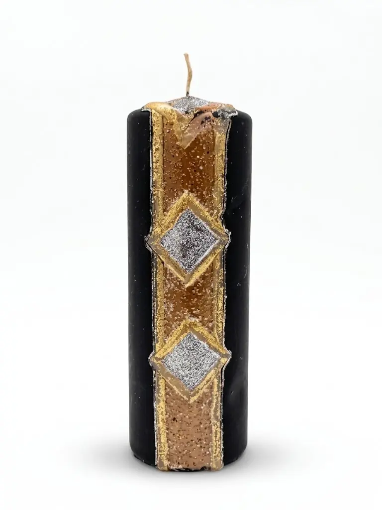 Candela di Lusso Nera5.5 x 11 cm  "Geometric Gold" con Dettagli Metallici