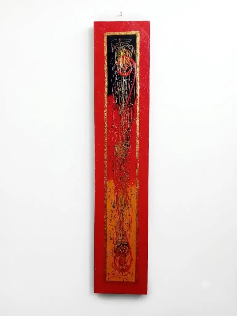 Quadro Batik Dipinto a Mano in Rilievo – Astratto Rosso e Oro (153x30 cm)