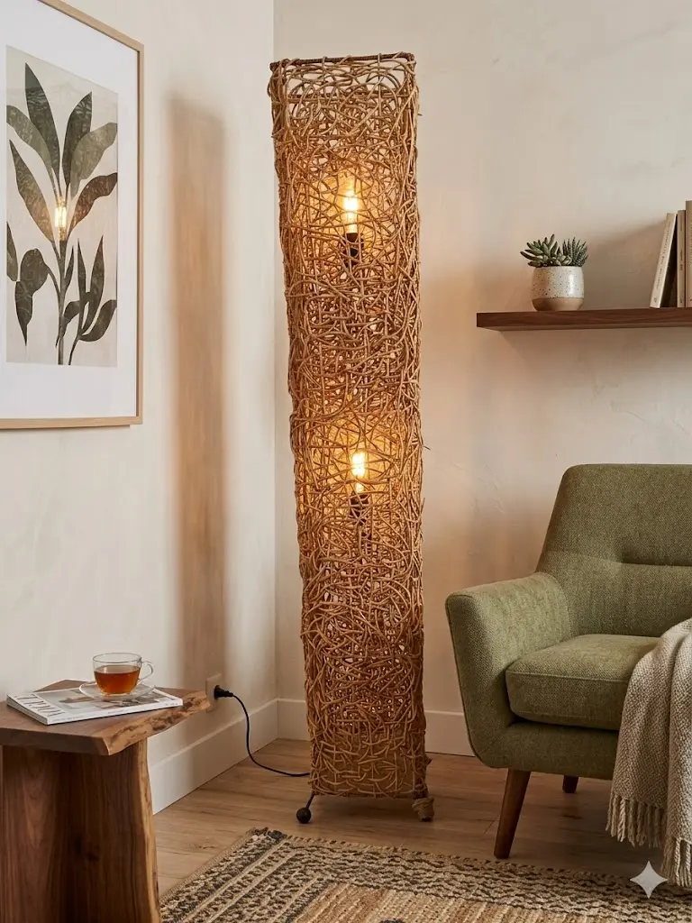 Lampada a Terra in Rattan Intrecciato, 2 Punti Luce - Altezza 155 cm