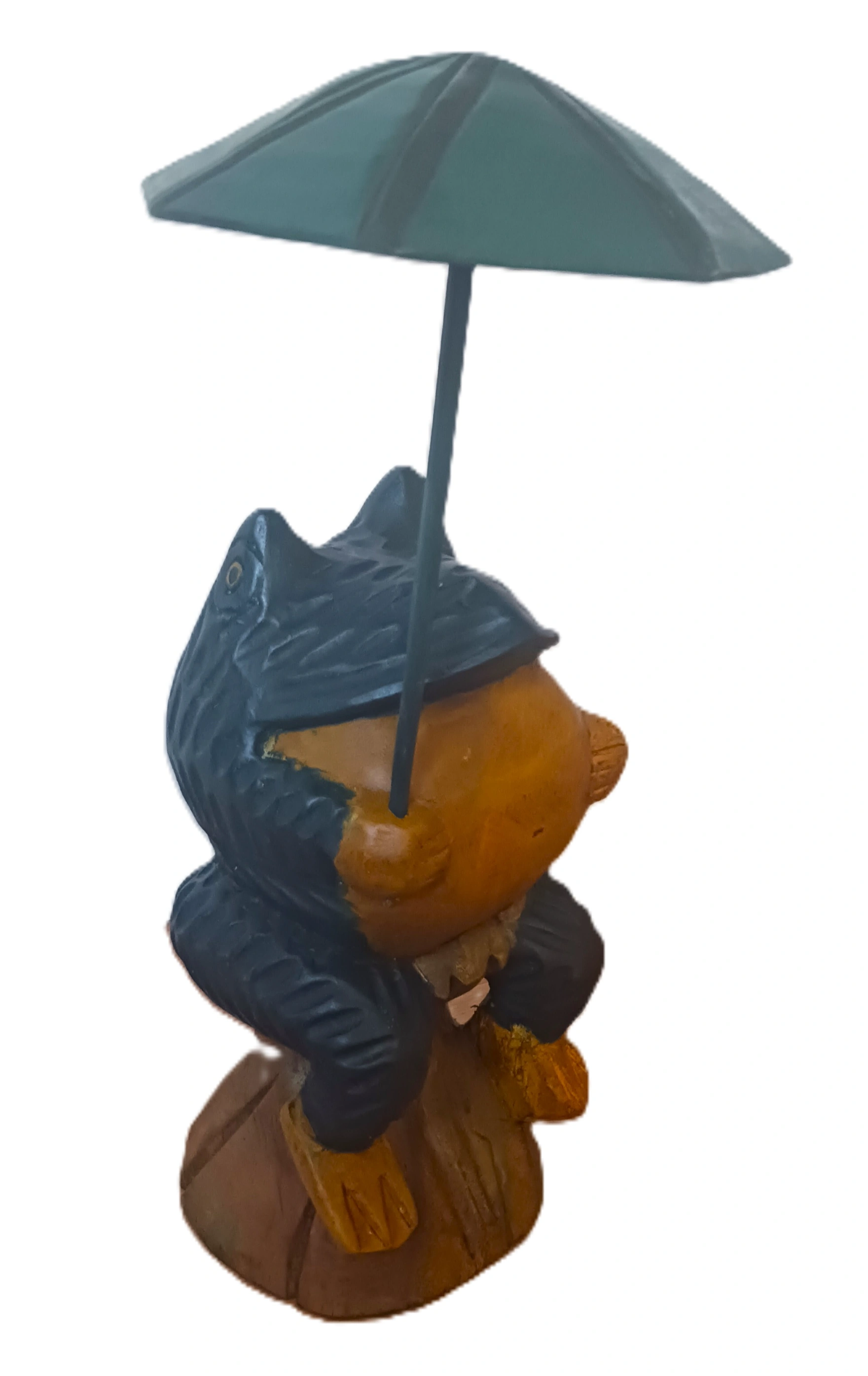 Scultura "Rana con Ombrello" – Legno Massello Scolpito a Mano