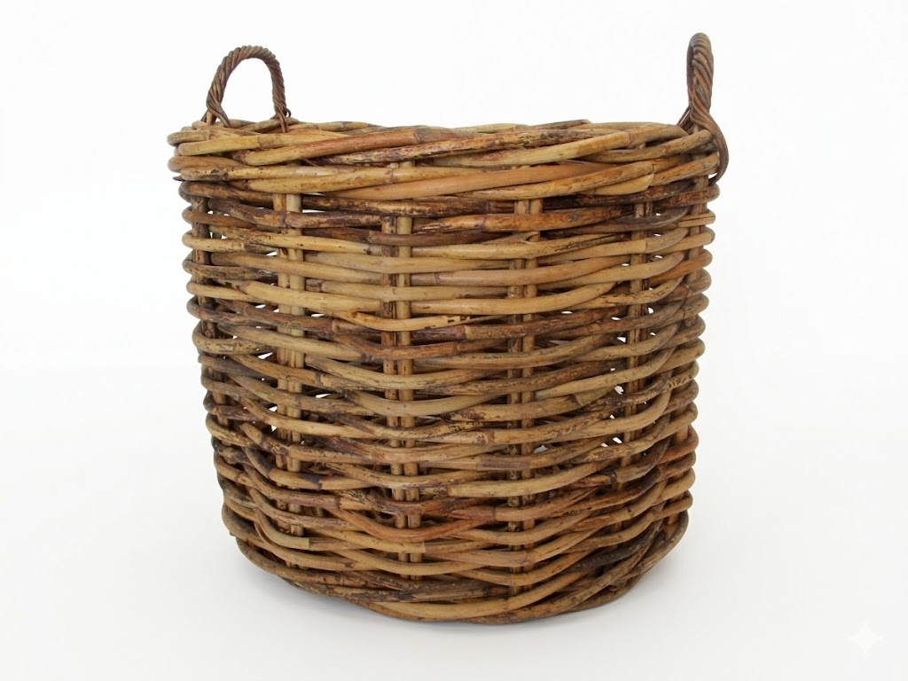 porta legna in vimini  rattan  rotondo cm 80x74 H con manici cm 85 H