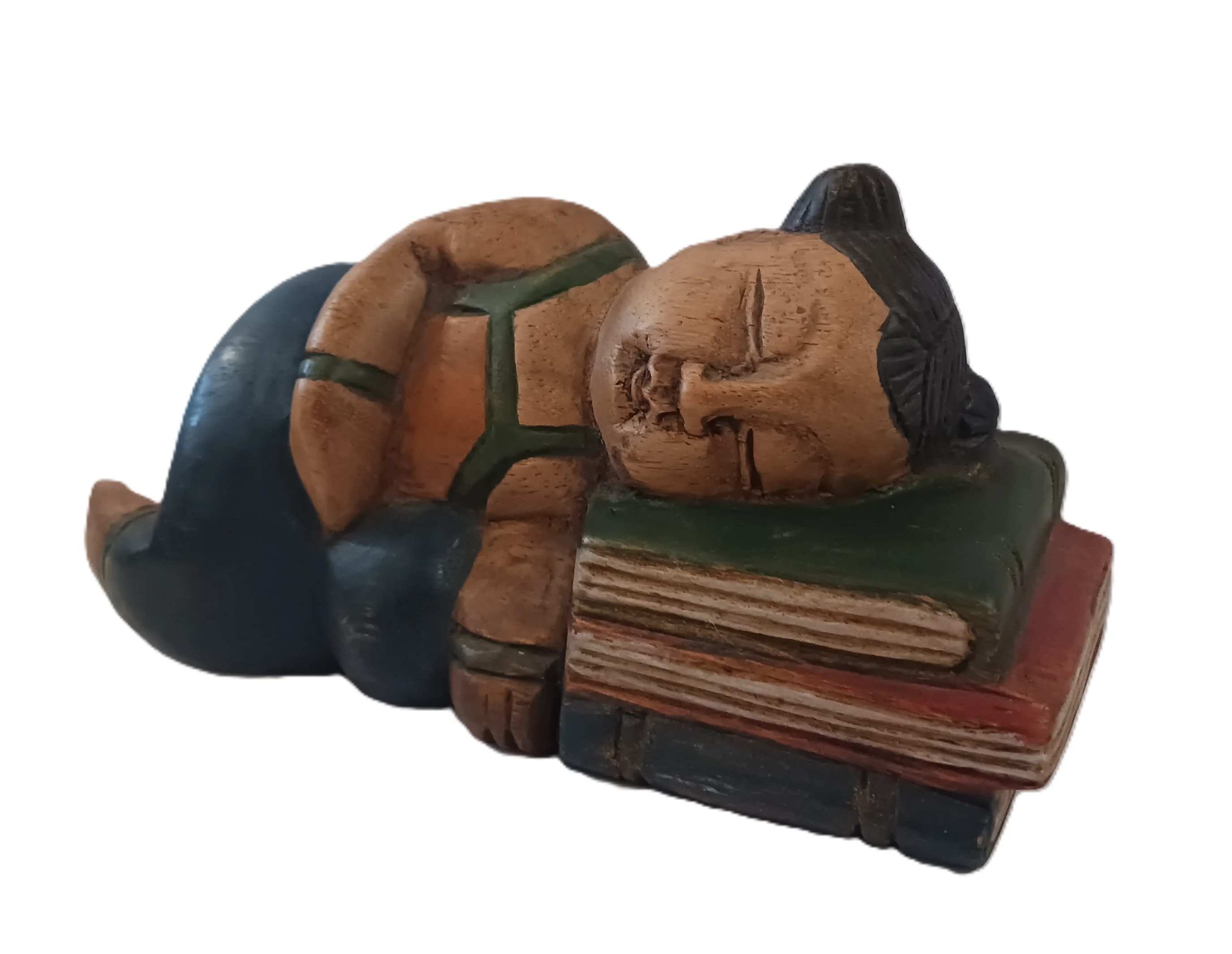 Scultura "Sogni di Fiaba" in Legno Dipinta a Mano – Bambina addormentata sui libri – 20x7x10H cm