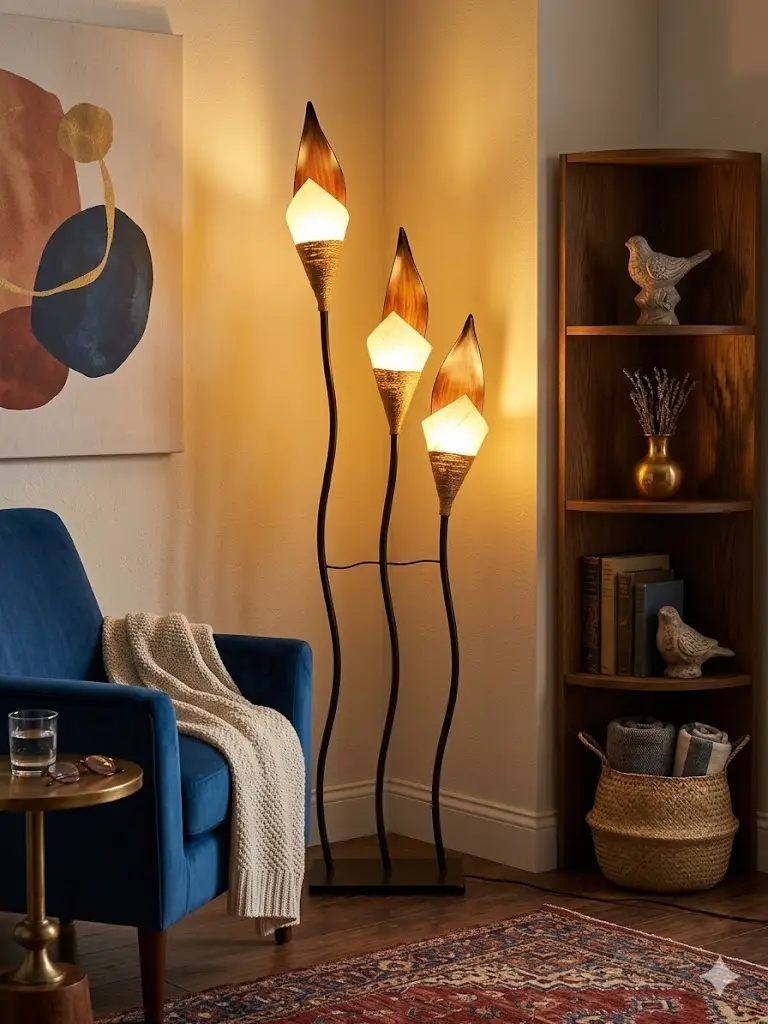 Lampada da Terra Etnica a 3 Luci in Metallo, Rattan e Bambù