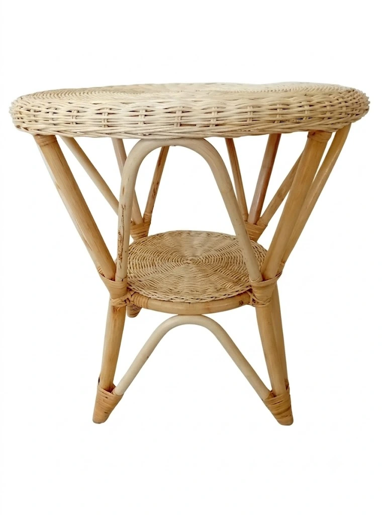 Tavolino Rotondo in Midollino e Giunco con Doppio Ripiano – Stile Boho-Chic