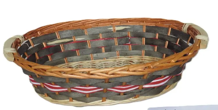 Cesto Ovale in Vimini e Legno Grigio con Dettaglio Rosso  cm 42x28x13 H