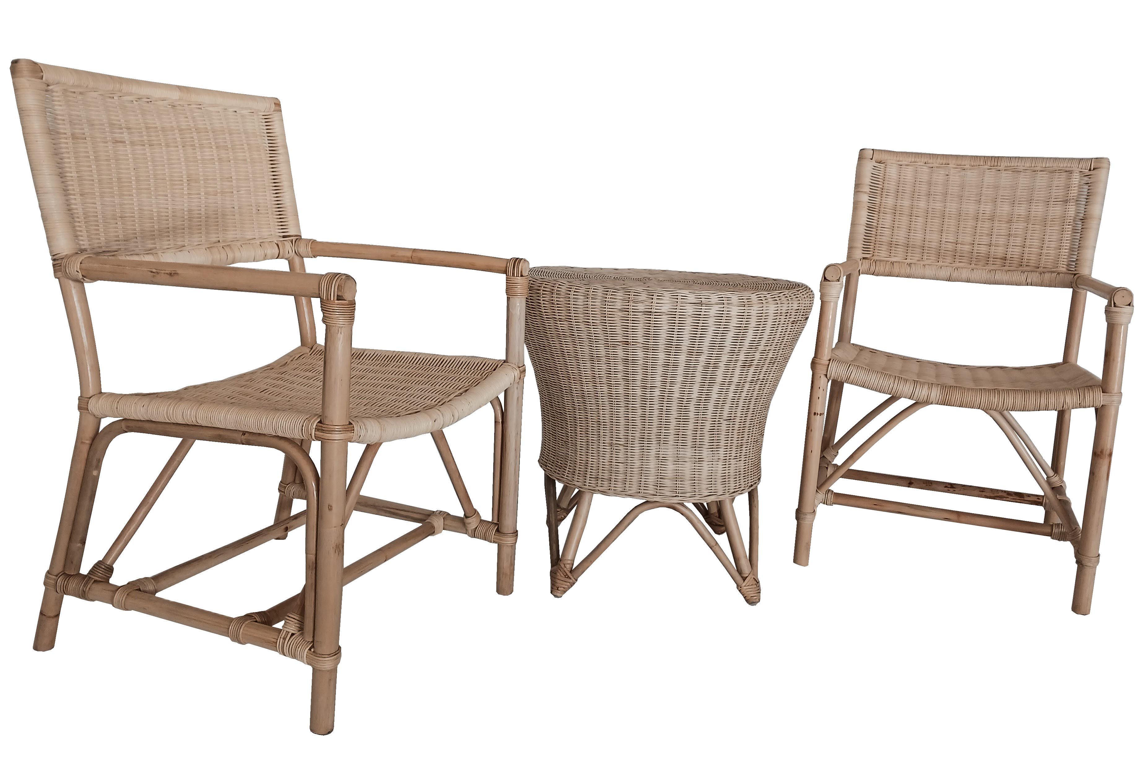 Salottino da Giardino e Interni in Vimini Rattan / Midollino Naturale – Set 2 Poltrone e Tavolino Tondo - 4