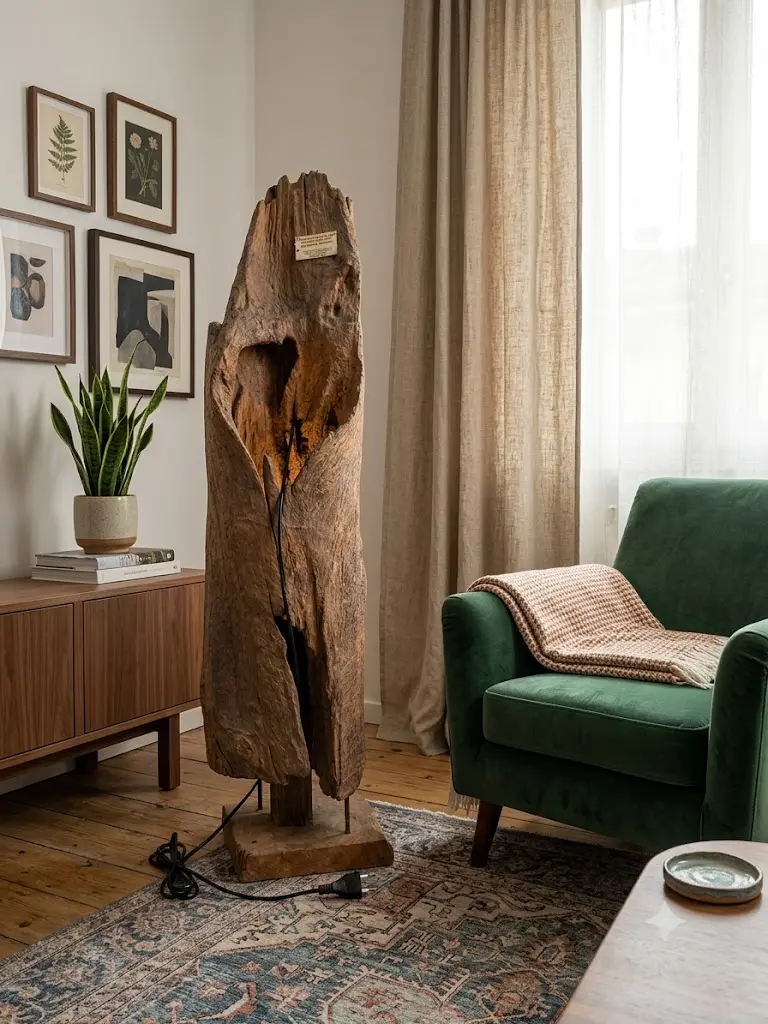 Lampada da Terra Scultorea in Legno di Recupero