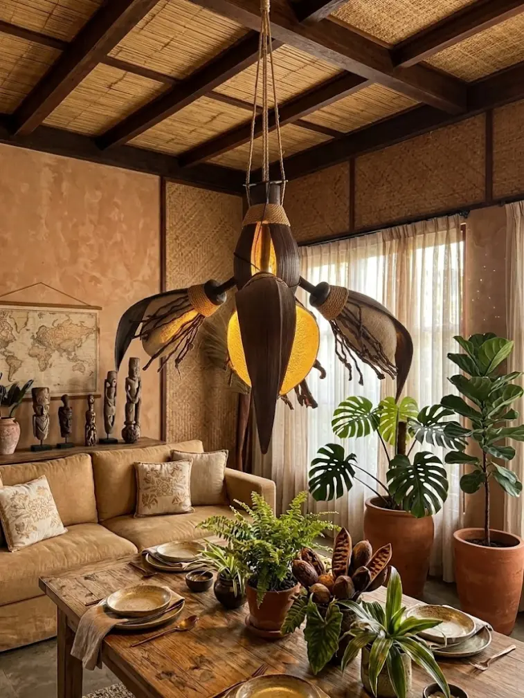 Lampadario a Sospensione Etnico a 3 Luci in Rattan cm 100 , Corda e Foglie Naturali