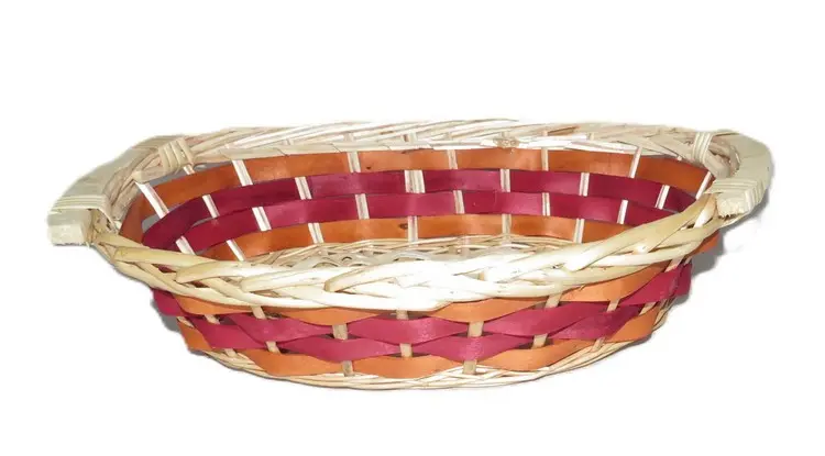 Cesto Vassoio ovale  in Vimini e Legno Rosso cm 42x28x14 H