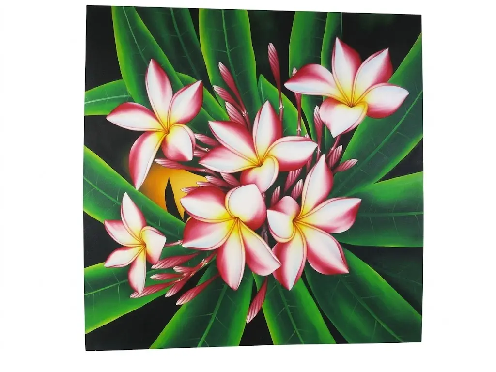 Quadro Batik "Sinfonia di Frangipani" 100x100 cm – Dipinto a Mano a Bali