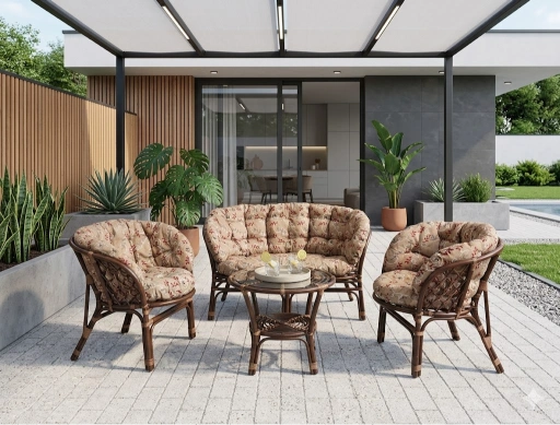 Salotto rattan naturale vimini Bahama Marrone con cuscini colorati