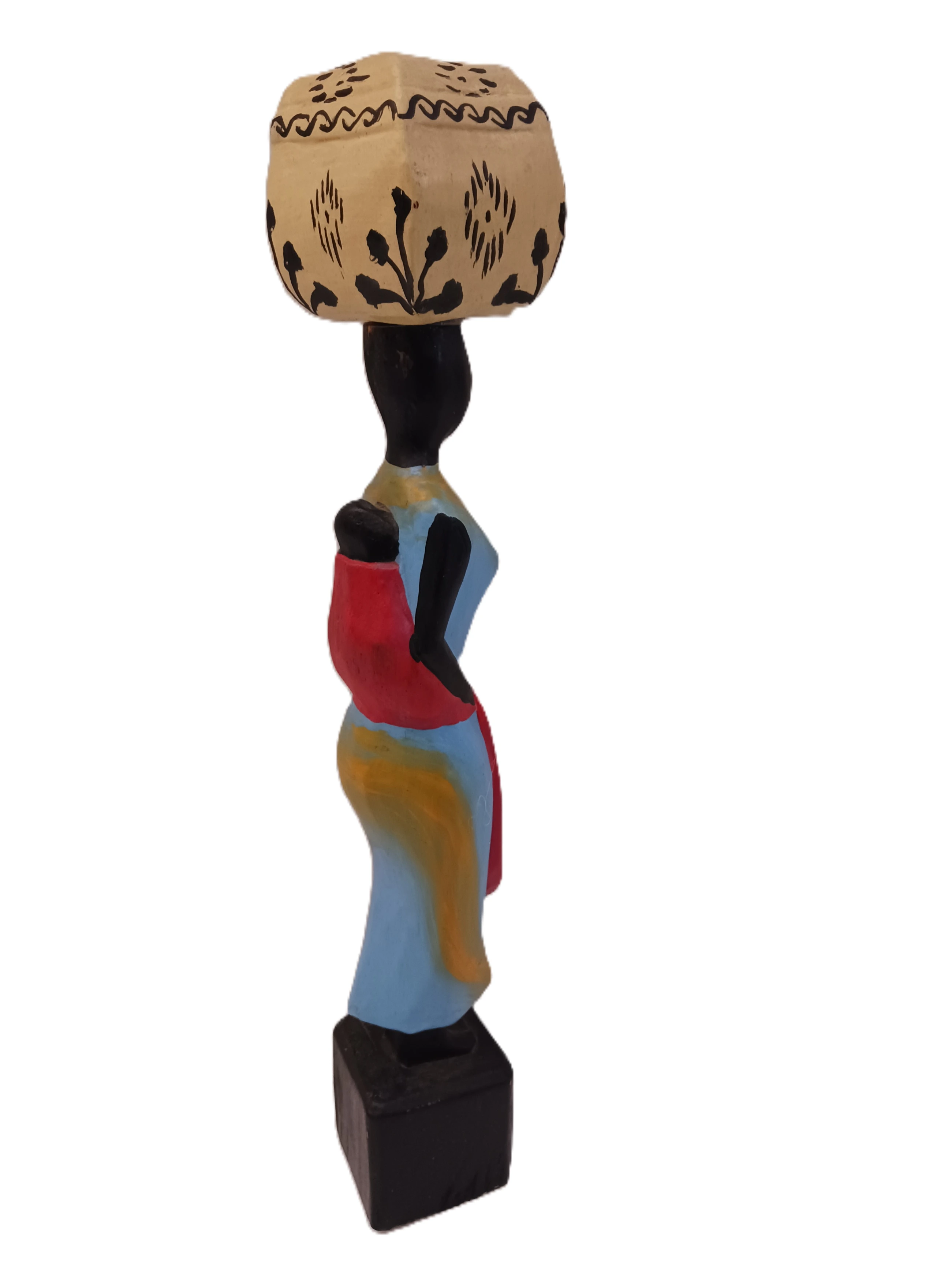 Scultura Tribale "Donna Africana con Cesta e Bimbo" – Statua Etnica in Legno Dipinta a Mano